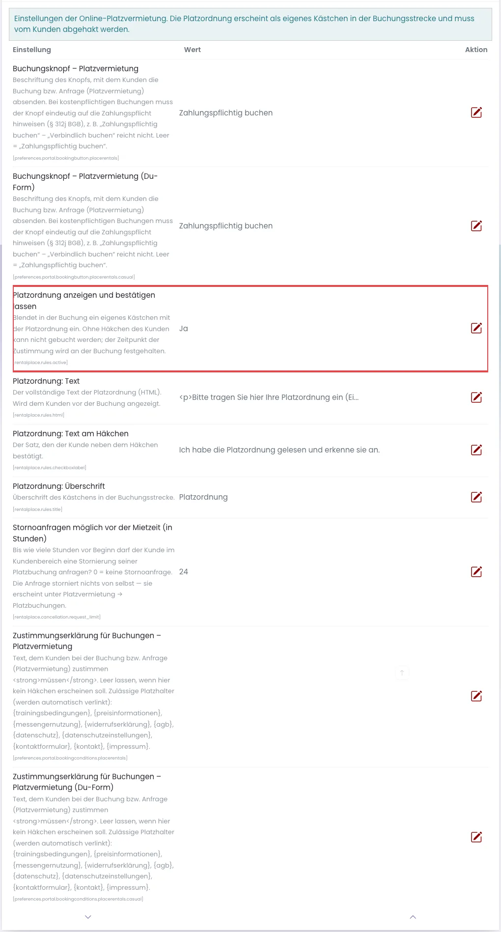 Einstellungen der Platzvermietung