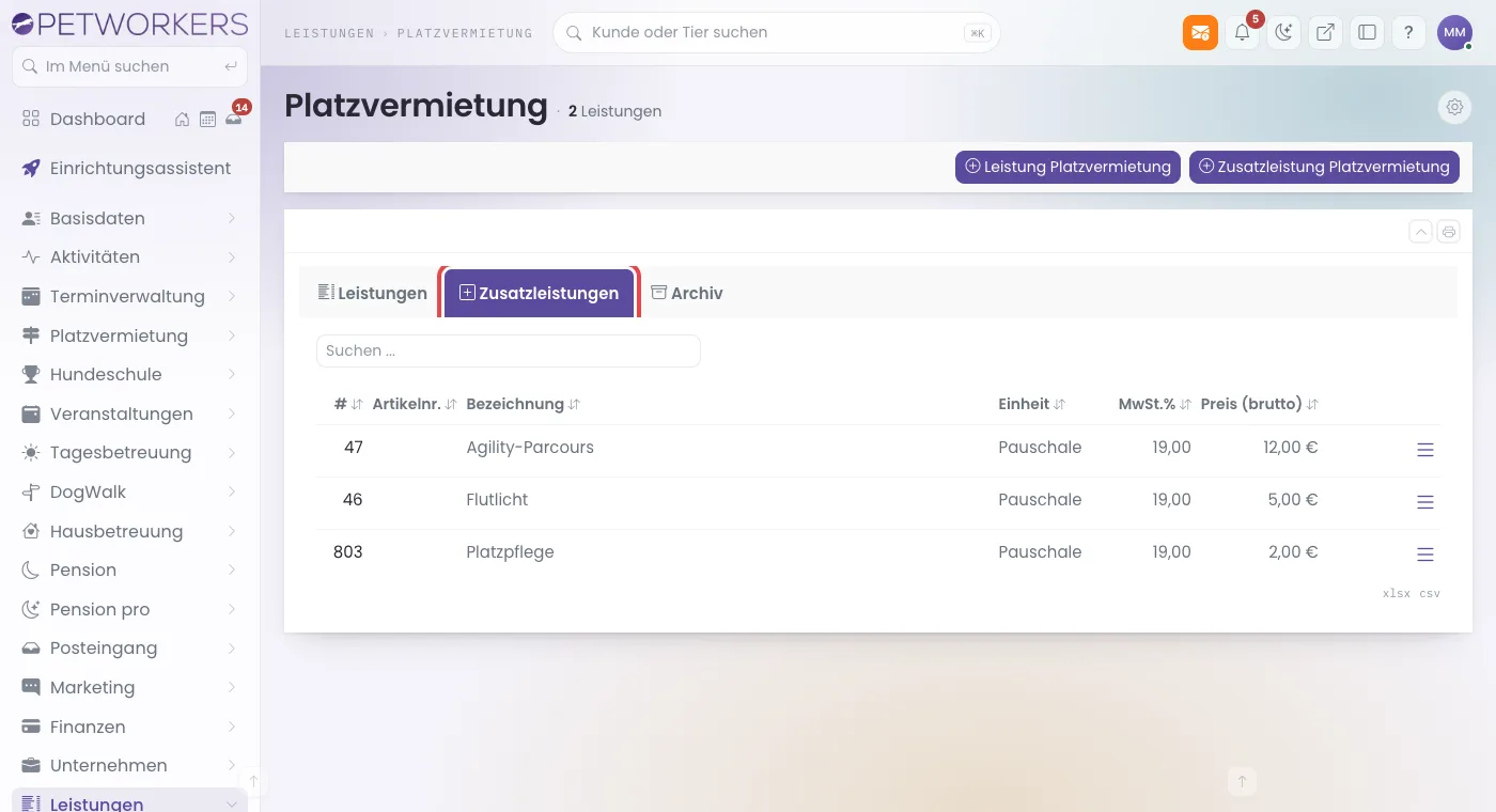 Leistungen Platzvermietung mit geöffnetem Reiter Zusatzleistungen