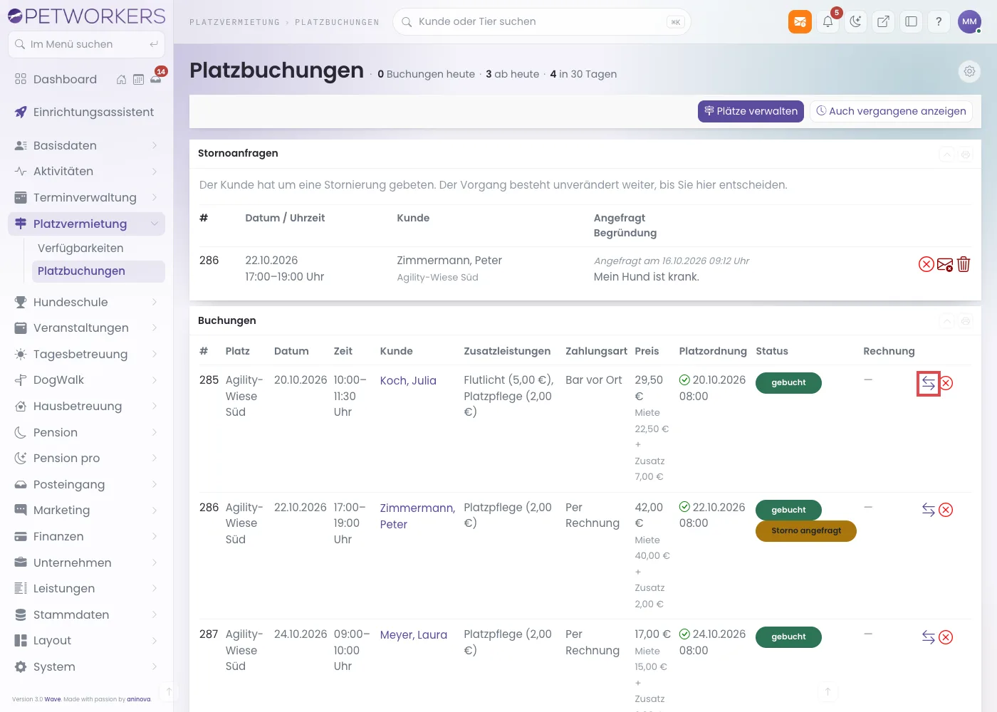 Liste der Platzbuchungen mit Kasten Stornoanfragen