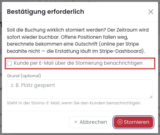 Rückfrage beim Stornieren einer Platzbuchung