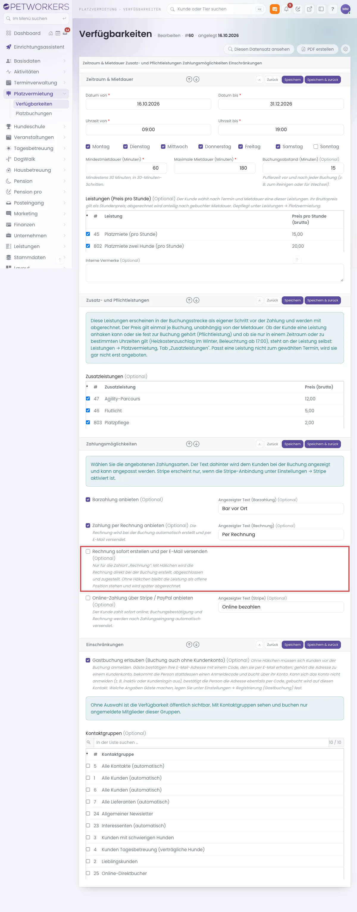 Formular einer Verfügbarkeit mit Zeitraum, Leistungen, Zusatzleistungen, Zahlungsmöglichkeiten und Einschränkungen