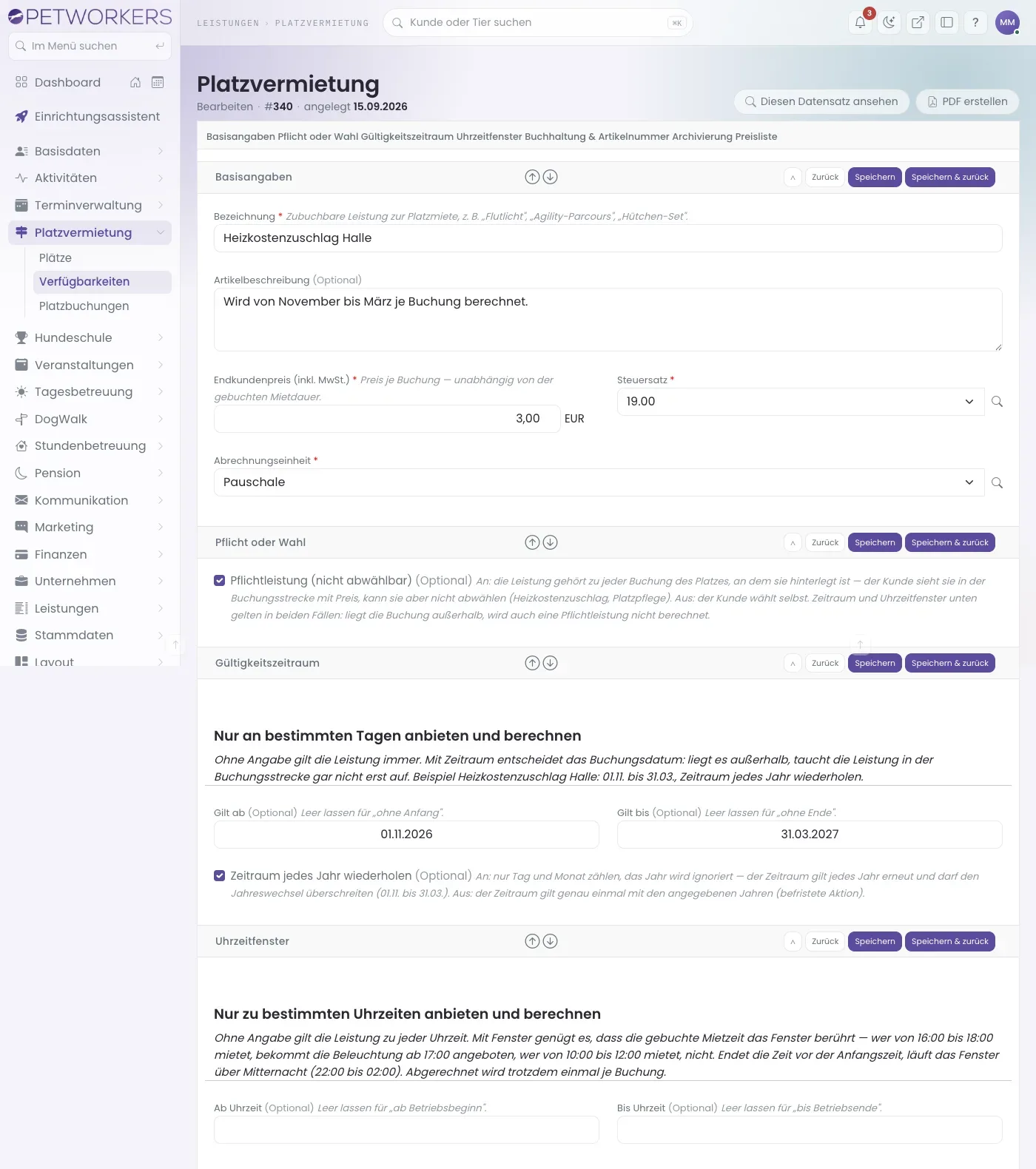 Formular einer Zusatzleistung als Pflichtleistung mit jährlichem Zeitraum