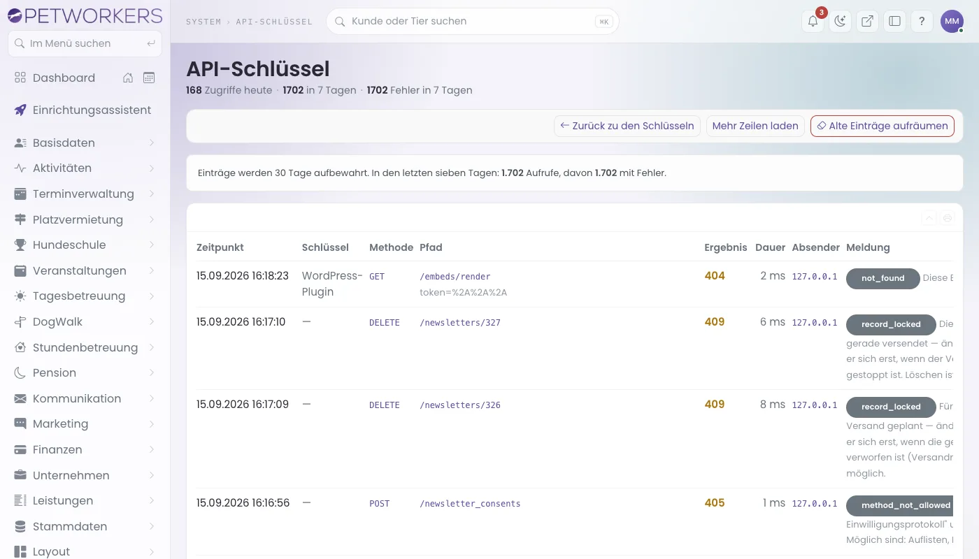 Das Zugriffsprotokoll mit Zeitpunkt, Schlüssel, Methode, Pfad, Ergebnis und Meldung