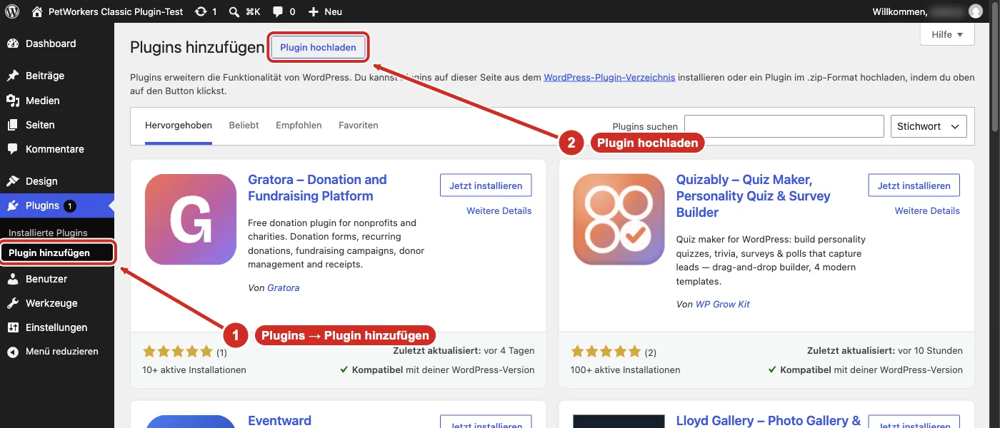 WordPress Plugins hinzufügen mit Knopf Plugin hochladen