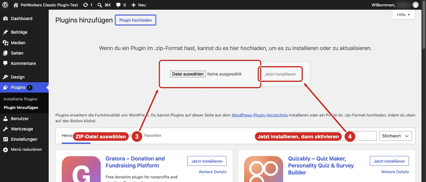 WordPress Upload-Feld für die ZIP-Datei und Knopf Jetzt installieren