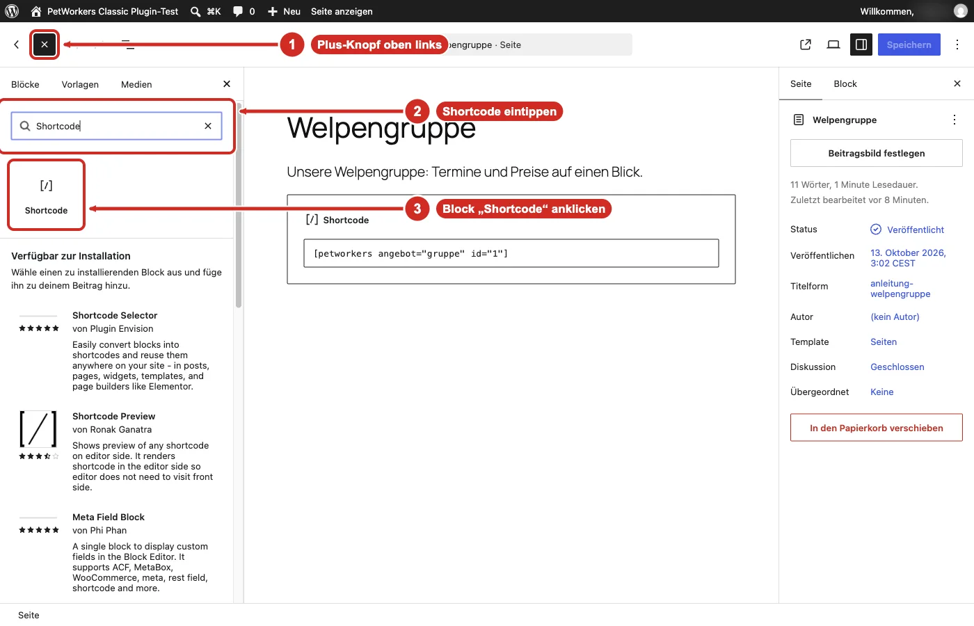WordPress-Editor mit geöffneter Blockauswahl, Suche nach Shortcode und dem Block Shortcode