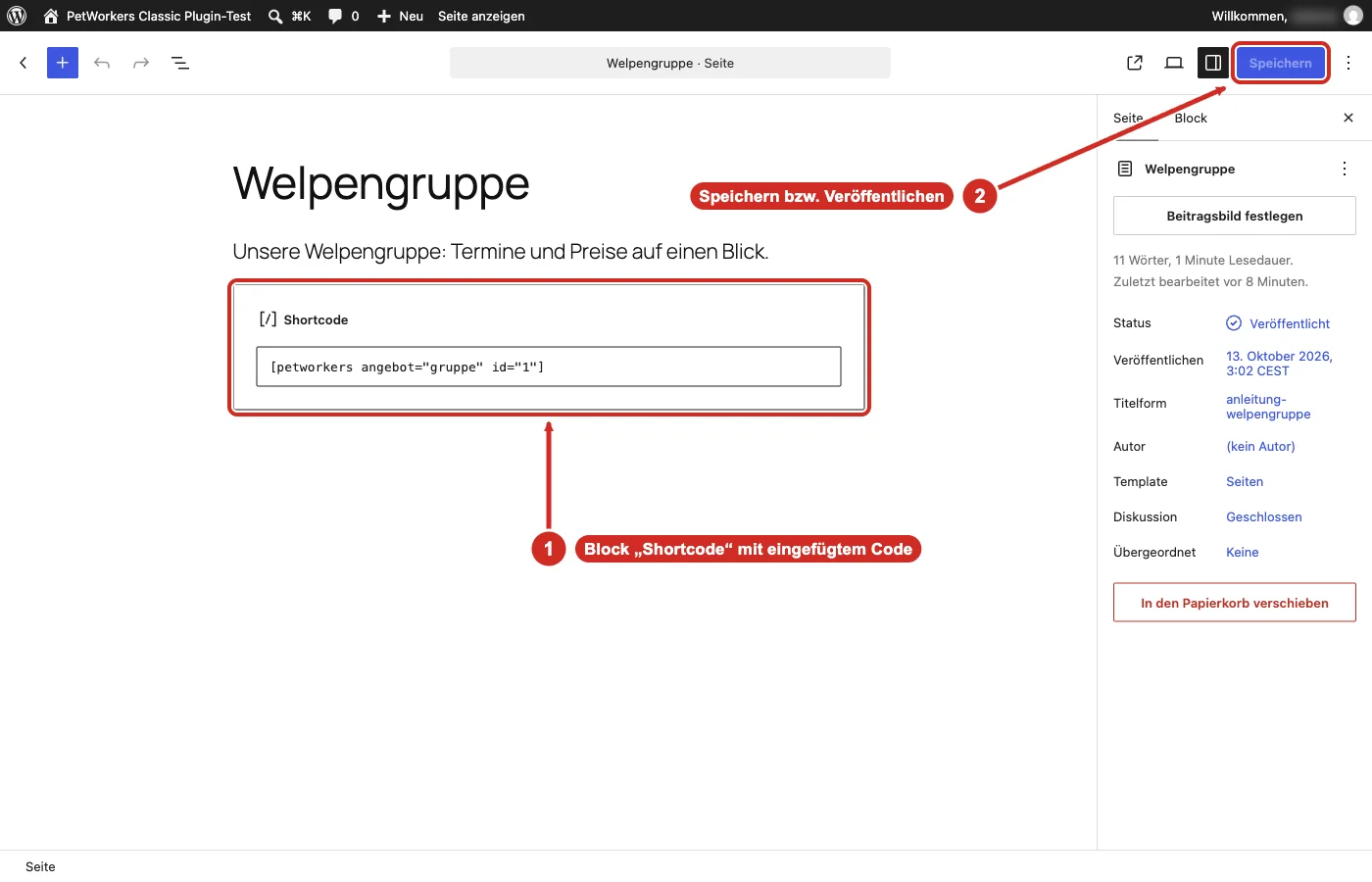 WordPress-Editor mit Block Shortcode und eingefügtem Code
