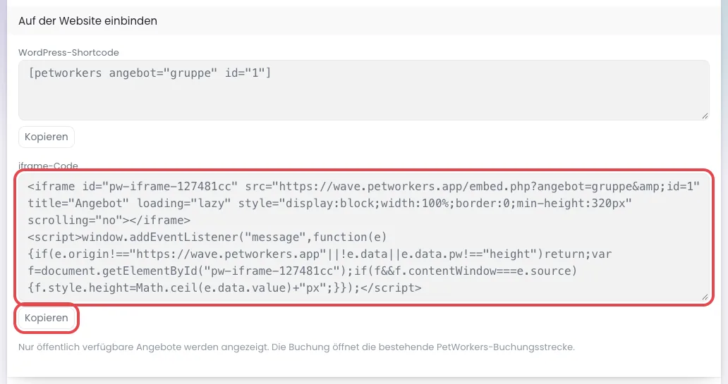 Vollständiger iframe-Code im Kasten „Auf der Website einbinden“, unten mit der Zeile <script>