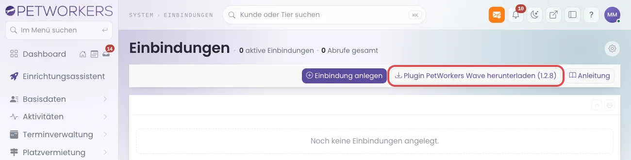 Seite System → Einbindungen mit dem Knopf „Plugin PetWorkers Wave herunterladen“