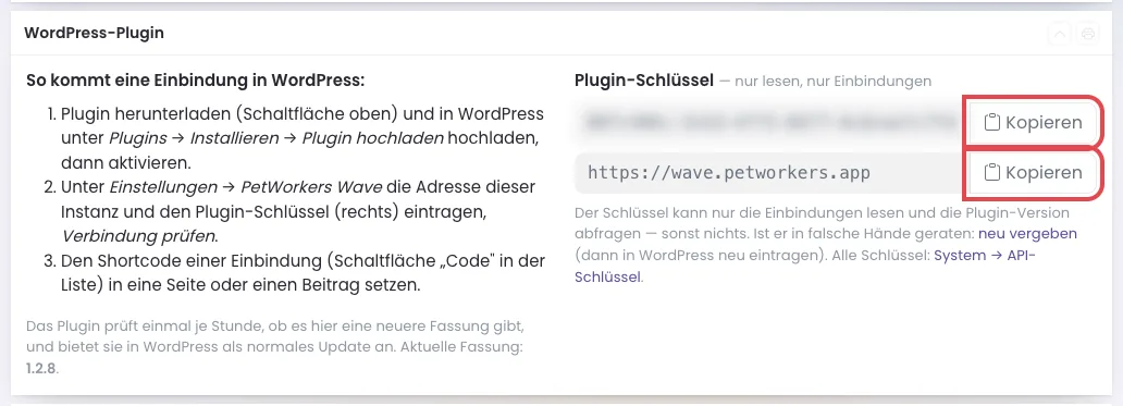 Kasten „WordPress-Plugin“ unter System → Einbindungen mit Plugin-Schlüssel, Adresse der Instanz und je einem Knopf „Kopieren“
