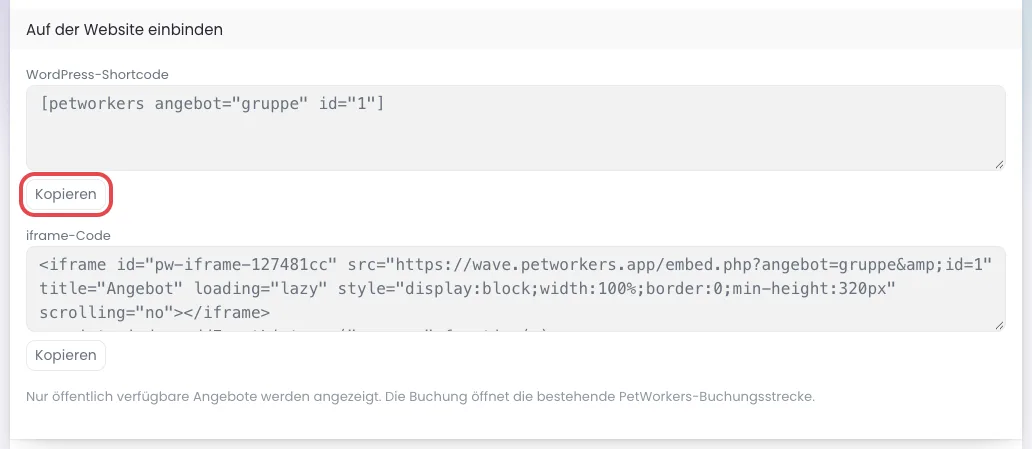 Kasten „Auf der Website einbinden“ mit Shortcode, iframe-Code und dem Knopf „Kopieren“ unter dem Shortcode