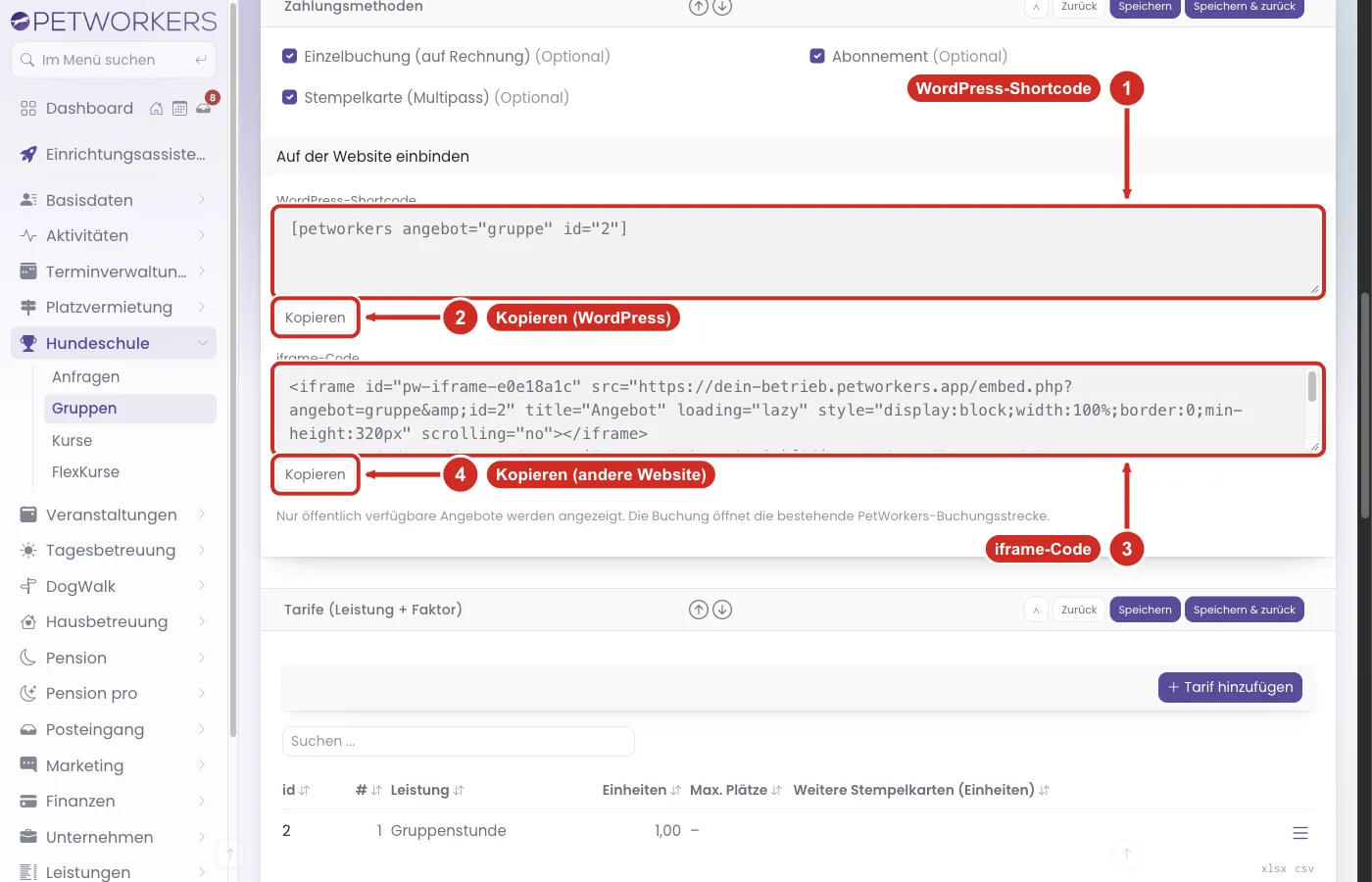 Kasten Auf der Website einbinden mit WordPress-Shortcode, iframe-Code und zwei Knöpfen Kopieren