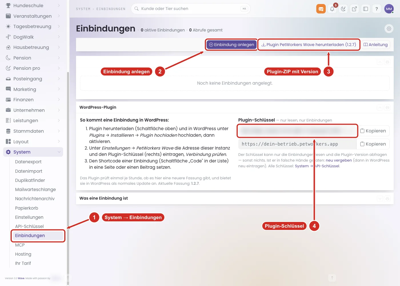 Seite Einbindungen mit markiertem Menüpunkt, Knopf Einbindung anlegen, Plugin-Download und Plugin-Schlüssel