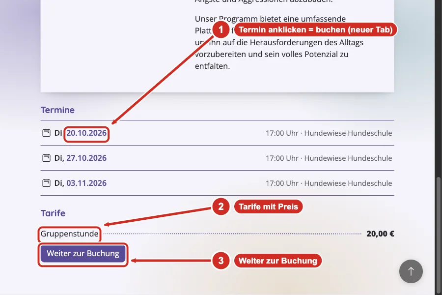 Unterer Teil des eingebundenen Angebots mit drei Terminen, Tarif Gruppenstunde und Knopf Weiter zur Buchung