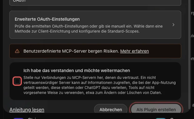 Unterer Teil des ChatGPT-Fensters, Haken und Knopf Als Plugin erstellen sind rot markiert