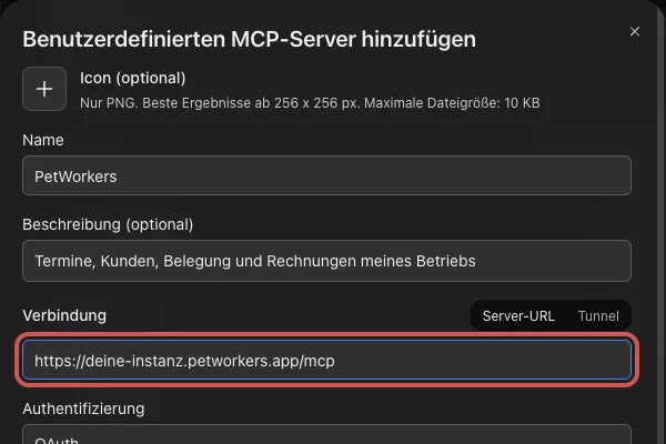 ChatGPT-Fenster Benutzerdefinierten MCP-Server hinzufügen mit Name PetWorkers und der Adresse