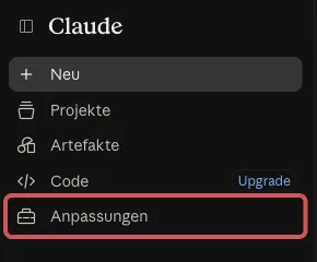 Claude, linke Leiste, der Punkt Anpassungen ist rot markiert