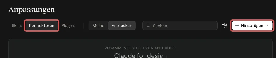 Claude, Seite Anpassungen, Reiter Konnektoren und Knopf Hinzufügen sind rot markiert
