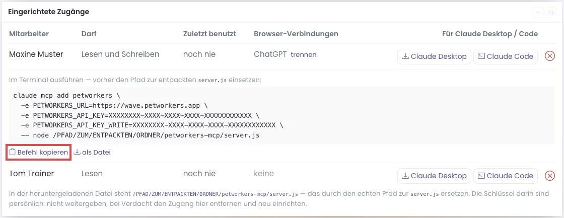Aufgeklappter Befehl für Claude Code, der Link Befehl kopieren ist rot markiert