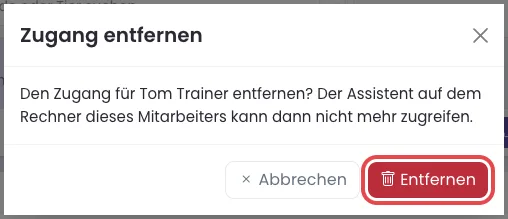 Fenster Zugang entfernen mit dem roten Knopf Entfernen