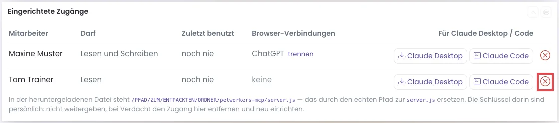 Liste Eingerichtete Zugänge, das rote Kreuz in der Zeile Tom Trainer ist markiert