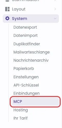 Menü links mit aufgeklapptem Bereich System, der Punkt MCP ist rot markiert