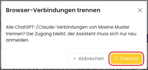 Fenster Browser-Verbindungen trennen mit dem Knopf Trennen
