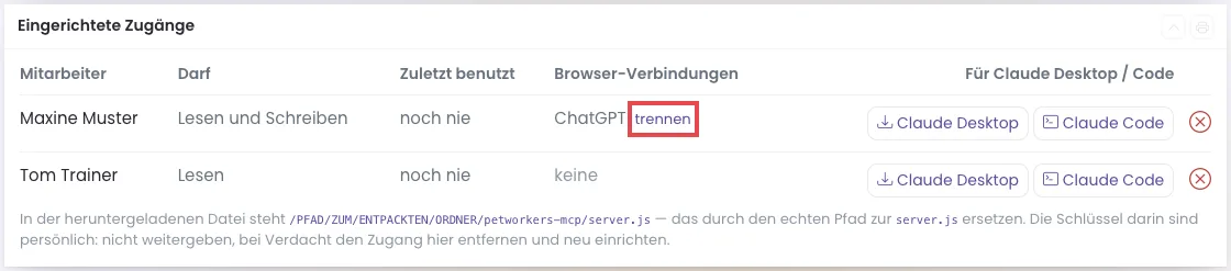 Liste Eingerichtete Zugänge, der Link trennen neben ChatGPT ist rot markiert