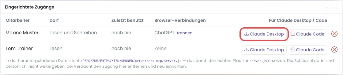 Liste Eingerichtete Zugänge, der Knopf Claude Desktop ist rot markiert