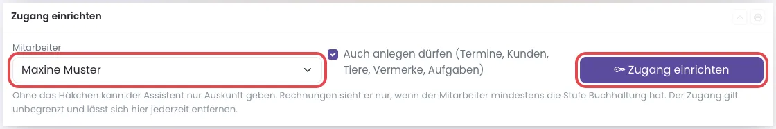 Kasten Zugang einrichten mit Auswahl Mitarbeiter, Haken Auch anlegen dürfen und Knopf Zugang einrichten