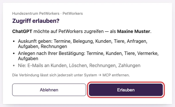 PetWorkers-Seite Zugriff erlauben mit den Knöpfen Ablehnen und Erlauben