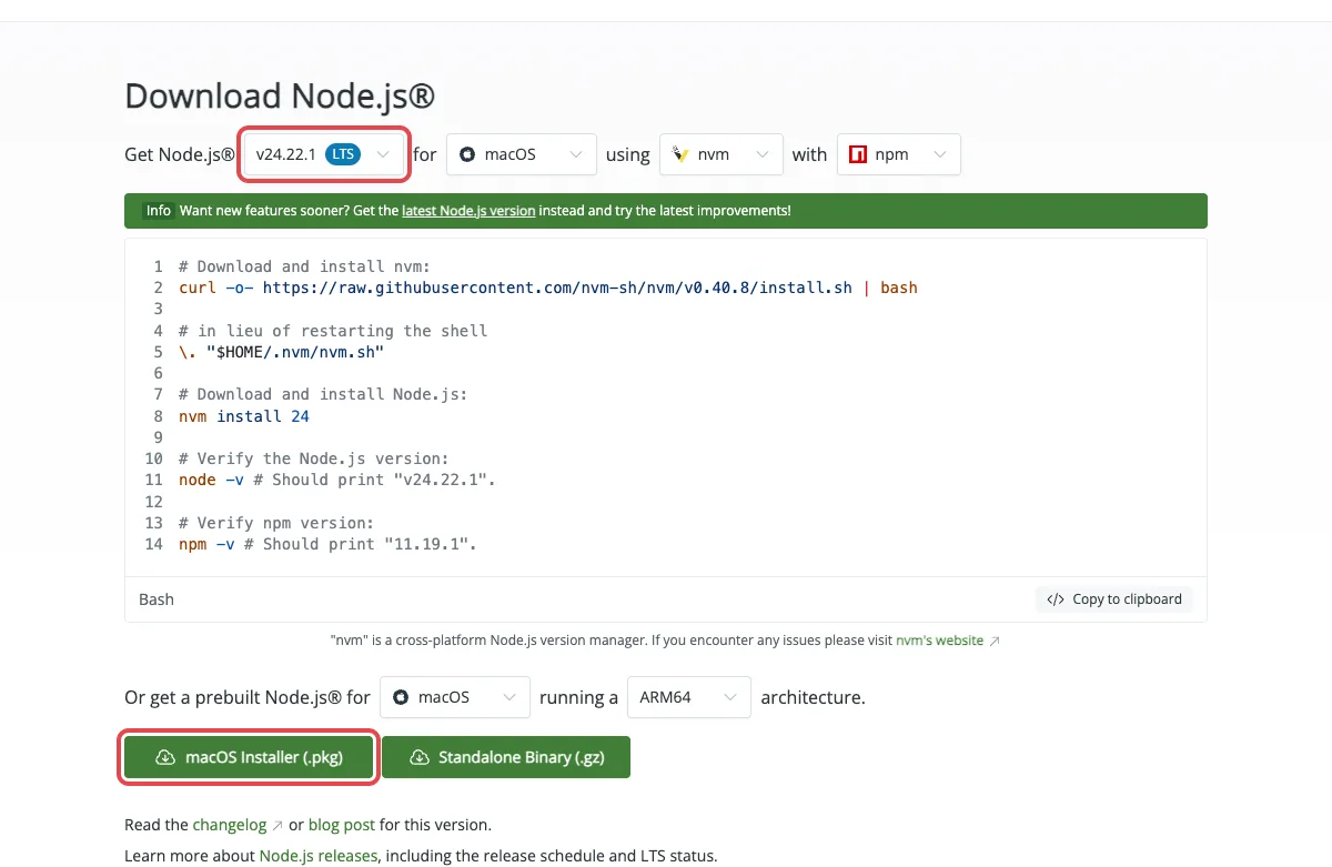 Download-Seite von nodejs.org mit der Auswahl der LTS-Fassung und dem Knopf für das Installationsprogramm