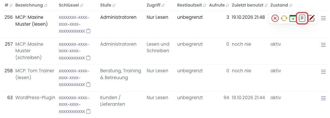 Geöffnetes Menü in der Zeile MCP: Maxine Muster (lesen), das Symbol Protokoll dieses Schlüssels ist rot markiert