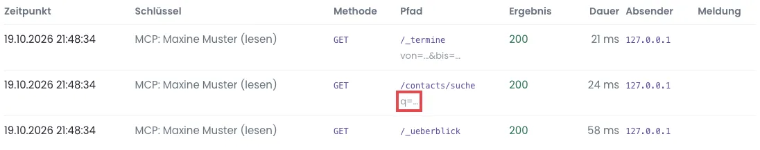 Protokoll eines MCP-Schlüssels mit drei Aufrufen, beim Aufruf /contacts/suche ist q=… rot markiert