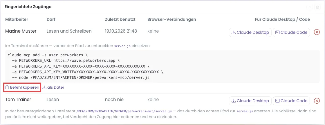 Aufgeklappter Befehl für Claude Code mit -s user, der Link Befehl kopieren ist rot markiert