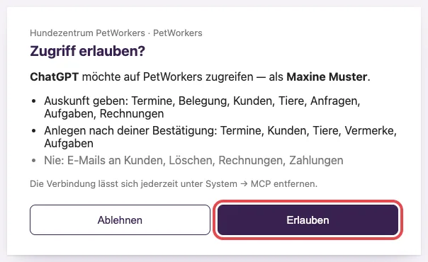 PetWorkers-Seite Zugriff erlauben mit den Knöpfen Ablehnen und Erlauben