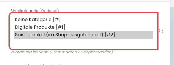 Auswahl Shopkategorie in einer Ware mit dem Eintrag Saisonartikel (im Shop ausgeblendet)