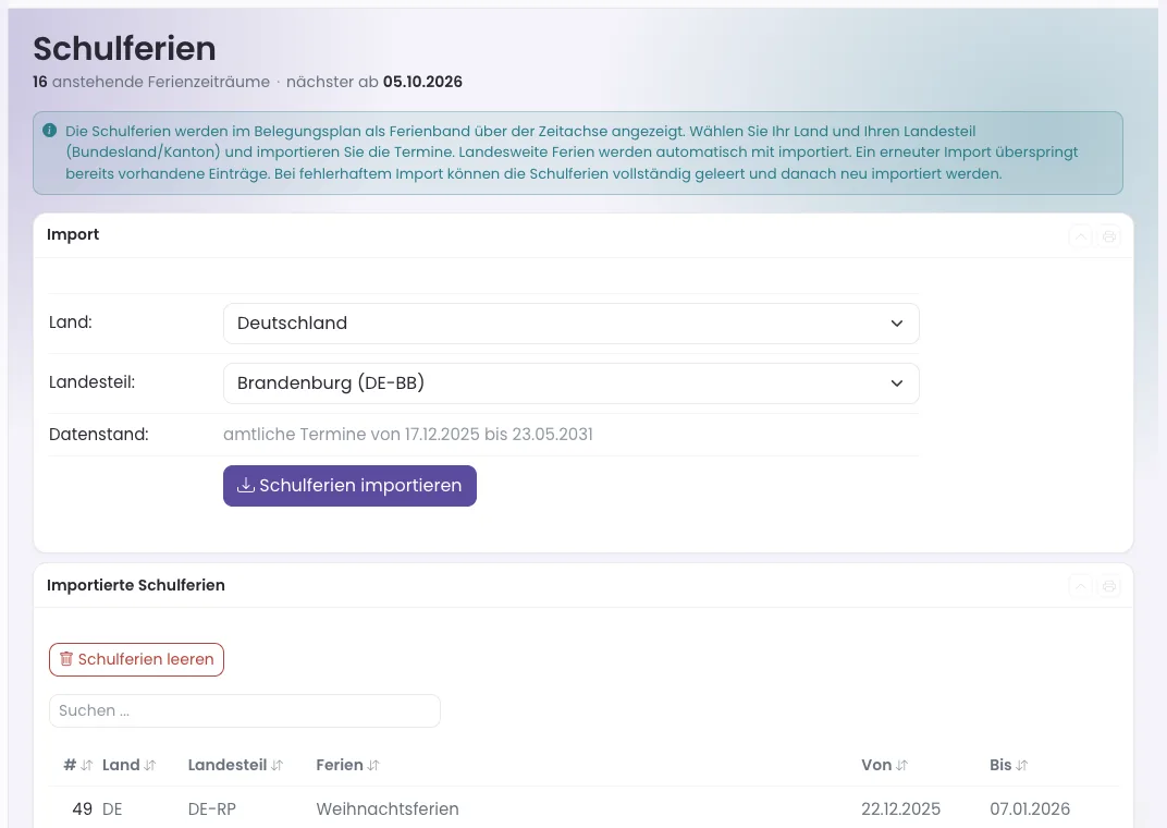 Import der Schulferien und Feiertage