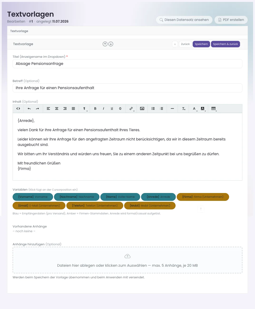 Formular einer Textvorlage mit Variablen