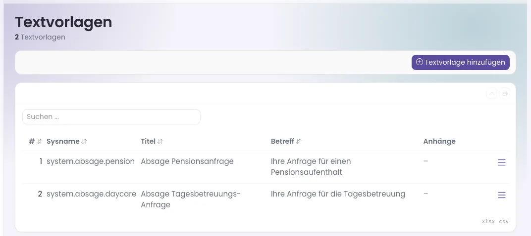 Liste der Textvorlagen
