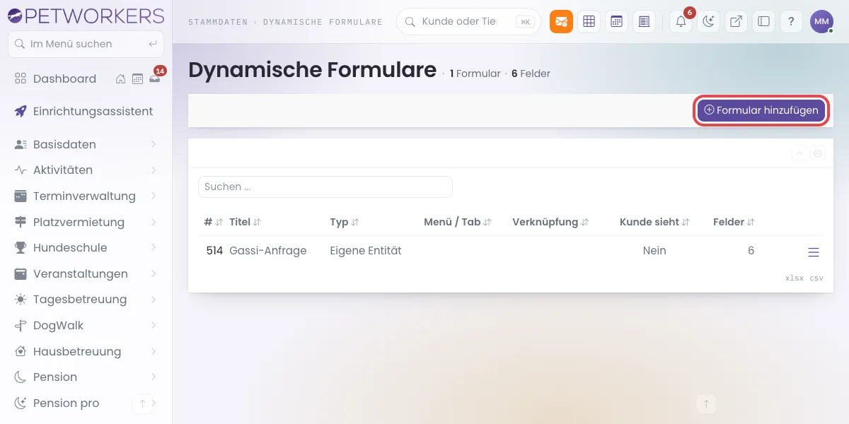Liste der Dynamischen Formulare mit dem Knopf Formular hinzufügen