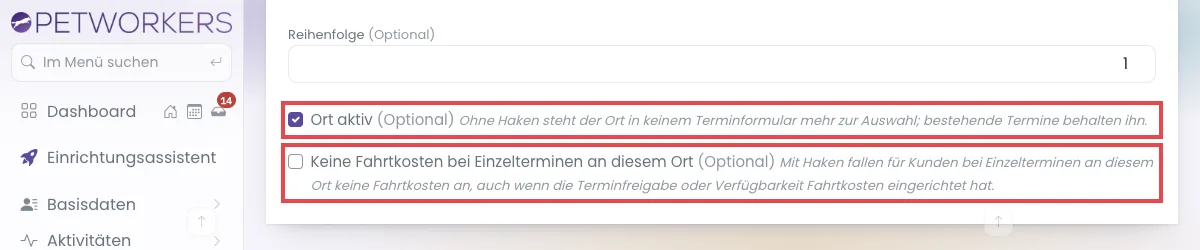 Die Haken Ort aktiv und Keine Fahrtkosten bei Einzelterminen an diesem Ort