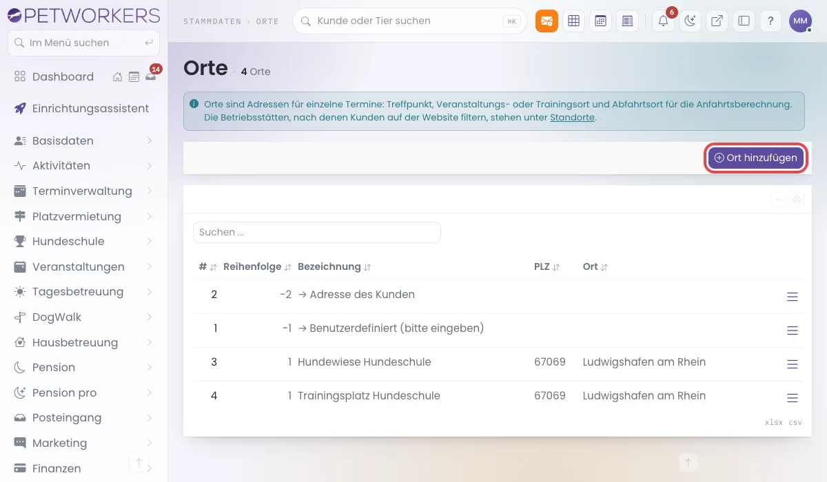 Liste der Orte mit Hinweis und markiertem Knopf Ort hinzufügen