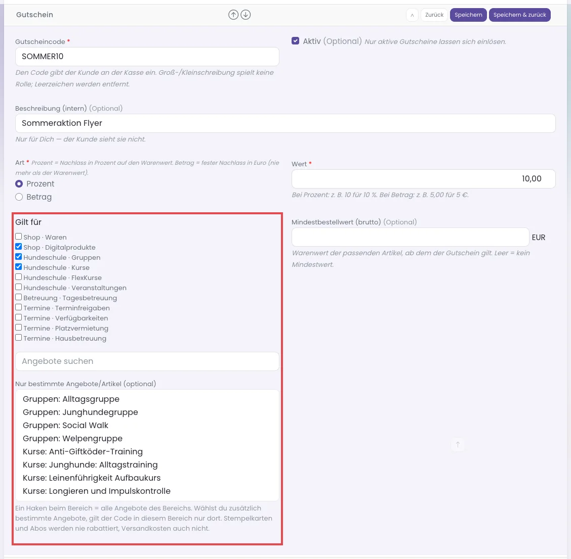 Formular Gutschein mit dem Feld Gilt für