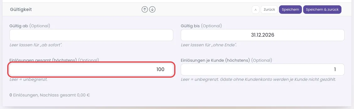 Abschnitt Gültigkeit des Gutscheins