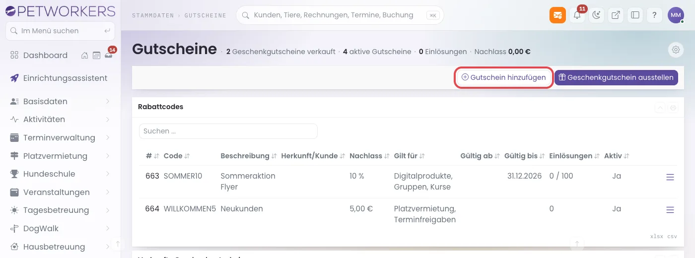 Seite Gutscheine mit dem Knopf Gutschein hinzufügen
