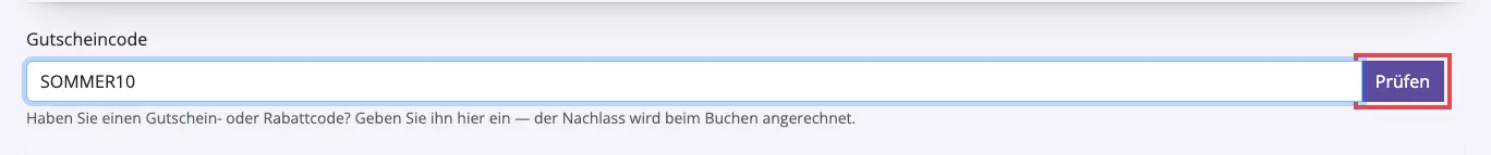 Feld Gutscheincode in der Buchungsstrecke mit Knopf Prüfen