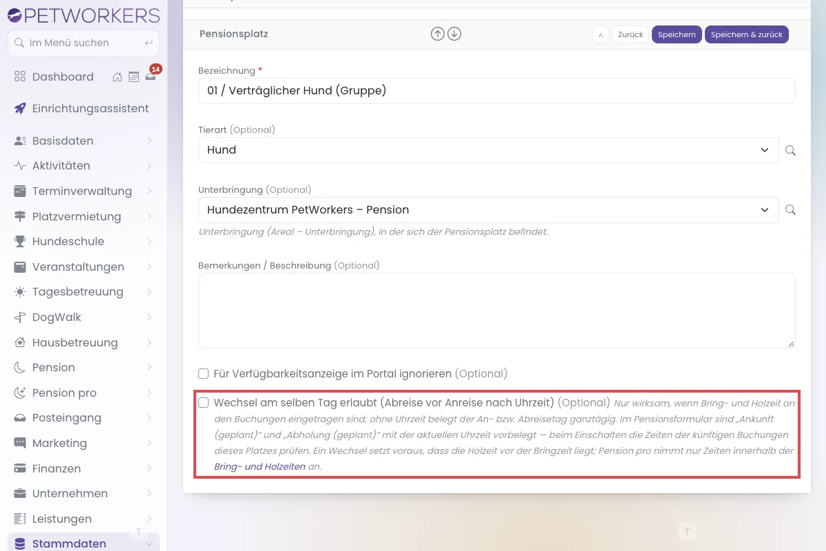 Formular eines Pensionsplatzes mit dem Haken Wechsel am selben Tag erlaubt