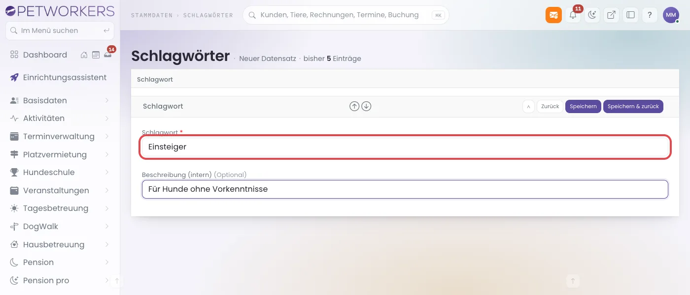 Formular Schlagwort hinzufügen mit den Feldern Schlagwort und Beschreibung (intern)