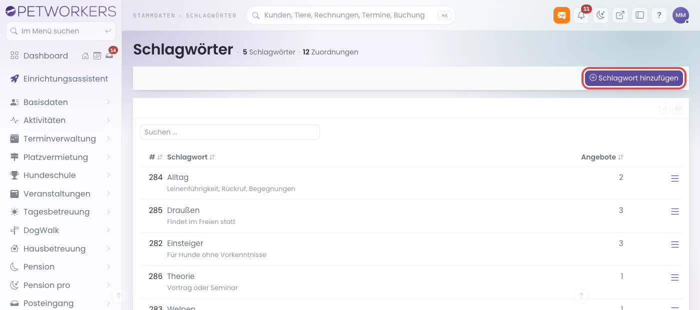 Liste der Schlagwörter mit dem Knopf Schlagwort hinzufügen